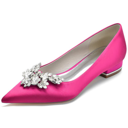 Chaussures de Soirée à Talon Plat et Bout Fermé En Satin de Soie pour Femmes avec Strass