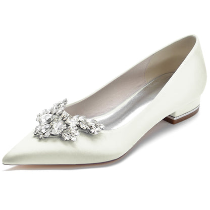 Chaussures de Soirée à Talon Plat et Bout Fermé En Satin de Soie pour Femmes avec Strass