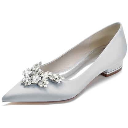 Chaussures de Soirée à Talon Plat et Bout Fermé En Satin de Soie pour Femmes avec Strass