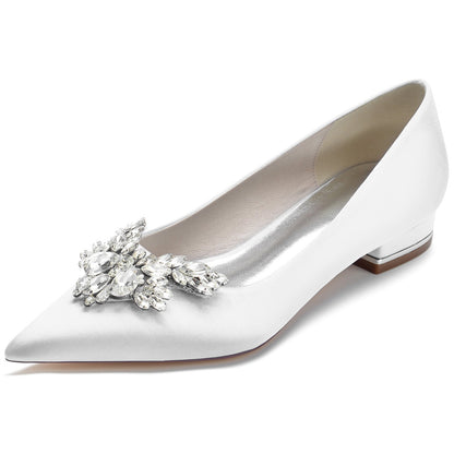 Chaussures de Soirée à Talon Plat et Bout Fermé En Satin de Soie pour Femmes avec Strass