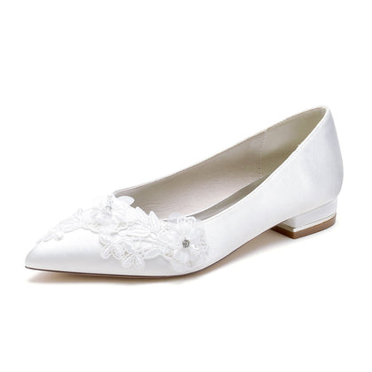 Chaussures de Soirée à Talon Plat et Bout Fermé En Satin de Soie pour Femmes avec Fleur