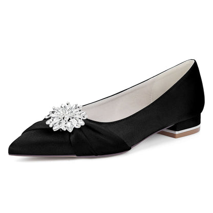 Chaussures de Mariage à Talon Plat et Bout Fermé en Satin de Soie Pour Femmes avec Strass