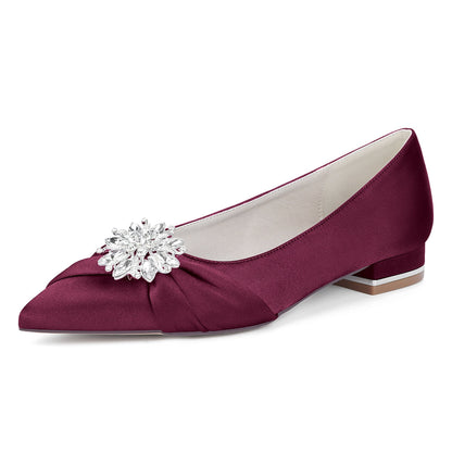 Chaussures de Mariage à Talon Plat et Bout Fermé en Satin de Soie Pour Femmes avec Strass