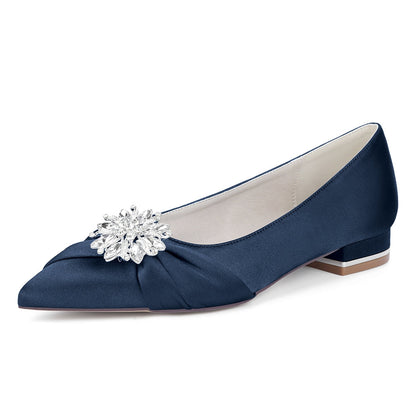 Chaussures de Mariage à Talon Plat et Bout Fermé en Satin de Soie Pour Femmes avec Strass