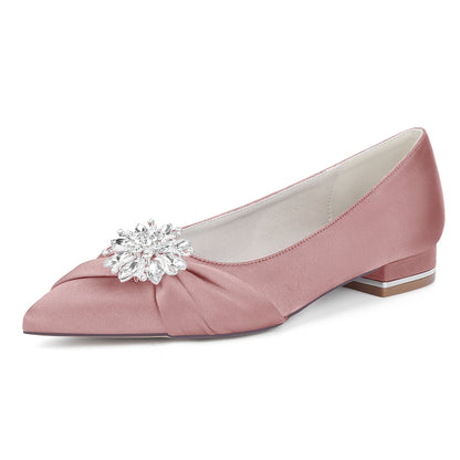 Chaussures de Mariage à Talon Plat et Bout Fermé en Satin de Soie Pour Femmes avec Strass