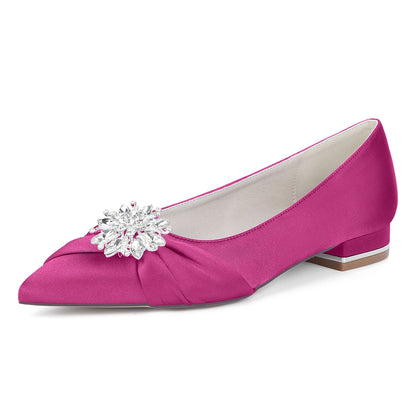 Chaussures de Mariage à Talon Plat et Bout Fermé en Satin de Soie Pour Femmes avec Strass