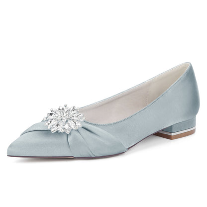 Chaussures de Mariage à Talon Plat et Bout Fermé en Satin de Soie Pour Femmes avec Strass