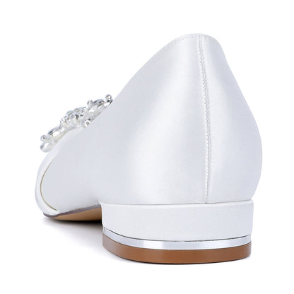 Chaussures de Mariage à Talon Plat et Bout Fermé en Satin de Soie Pour Femmes avec Strass
