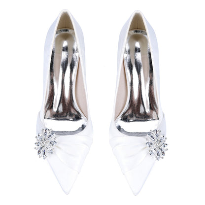 Chaussures de Mariage à Talon Plat et Bout Fermé en Satin de Soie Pour Femmes avec Strass