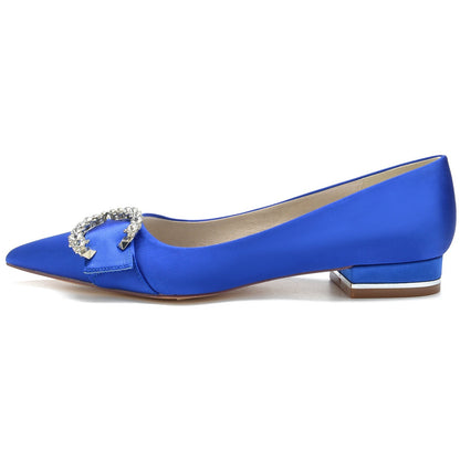 Chaussures de Soirée à Talon Plat En Satin de Soie pour Femmes avec Bout Fermé et Strass