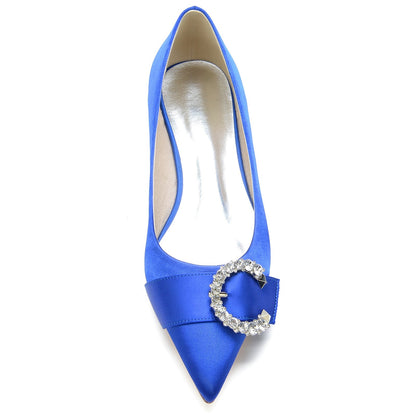 Chaussures de Soirée à Talon Plat En Satin de Soie pour Femmes avec Bout Fermé et Strass