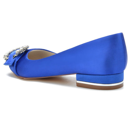 Chaussures de Soirée à Talon Plat En Satin de Soie pour Femmes avec Bout Fermé et Strass