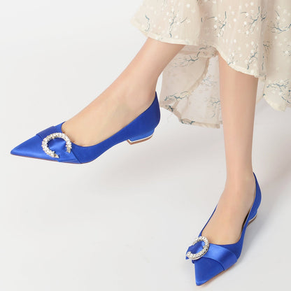 Chaussures de Soirée à Talon Plat En Satin de Soie pour Femmes avec Bout Fermé et Strass