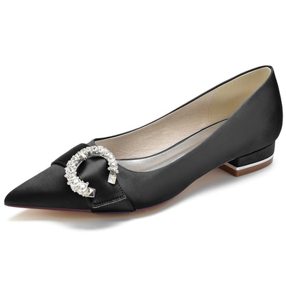 Chaussures de Soirée à Talon Plat En Satin de Soie pour Femmes avec Bout Fermé et Strass