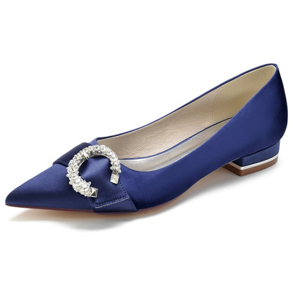 Chaussures de Soirée à Talon Plat En Satin de Soie pour Femmes avec Bout Fermé et Strass