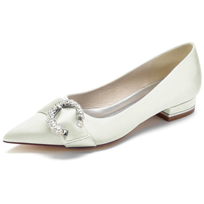 Chaussures de Soirée à Talon Plat En Satin de Soie pour Femmes avec Bout Fermé et Strass