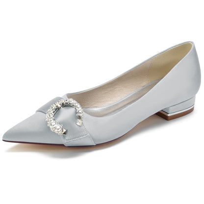Chaussures de Soirée à Talon Plat En Satin de Soie pour Femmes avec Bout Fermé et Strass