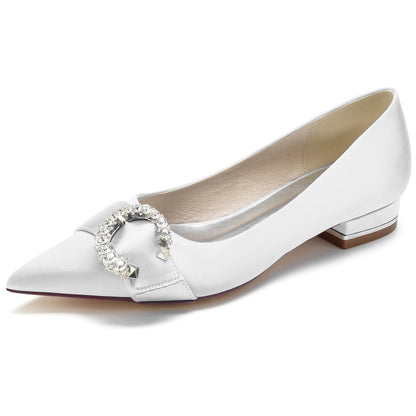 Chaussures de Soirée à Talon Plat En Satin de Soie pour Femmes avec Bout Fermé et Strass