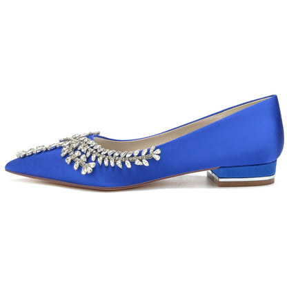 Chaussures de Mariage à Talon Plat En Satin de Soie pour Femmes avec Bout Fermé et Strass