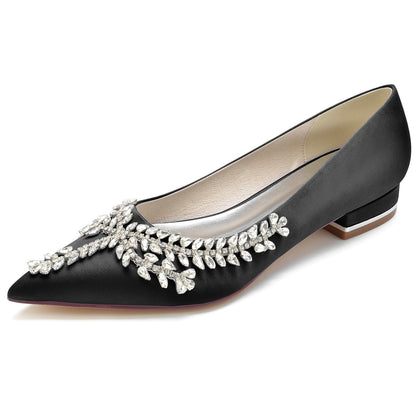 Chaussures de Mariage à Talon Plat En Satin de Soie pour Femmes avec Bout Fermé et Strass