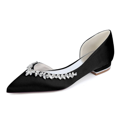 Chaussures de Mariage à Talon Plat et Bout Fermé en Satin de Soie Pour Femmes avec Strass