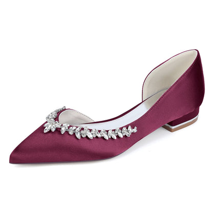 Chaussures de Mariage à Talon Plat et Bout Fermé en Satin de Soie Pour Femmes avec Strass