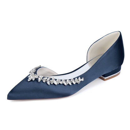 Chaussures de Mariage à Talon Plat et Bout Fermé en Satin de Soie Pour Femmes avec Strass