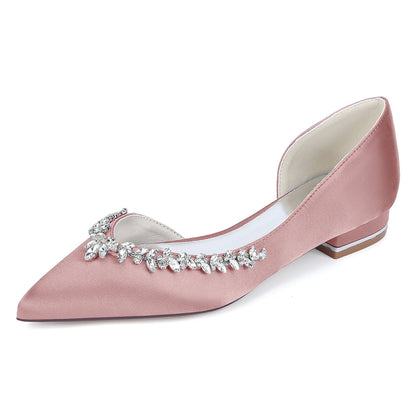 Chaussures de Mariage à Talon Plat et Bout Fermé en Satin de Soie Pour Femmes avec Strass