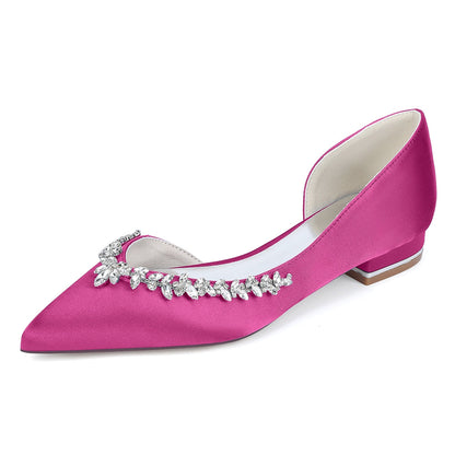 Chaussures de Mariage à Talon Plat et Bout Fermé en Satin de Soie Pour Femmes avec Strass