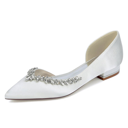 Chaussures de Mariage à Talon Plat et Bout Fermé en Satin de Soie Pour Femmes avec Strass
