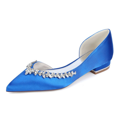 Chaussures de Mariage à Talon Plat et Bout Fermé en Satin de Soie Pour Femmes avec Strass