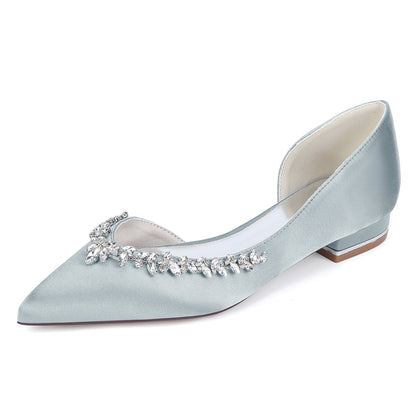 Chaussures de Mariage à Talon Plat et Bout Fermé en Satin de Soie Pour Femmes avec Strass