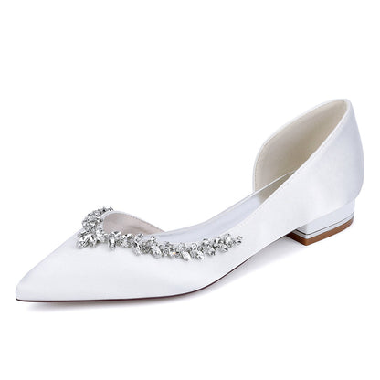 Chaussures de Mariage à Talon Plat et Bout Fermé en Satin de Soie Pour Femmes avec Strass