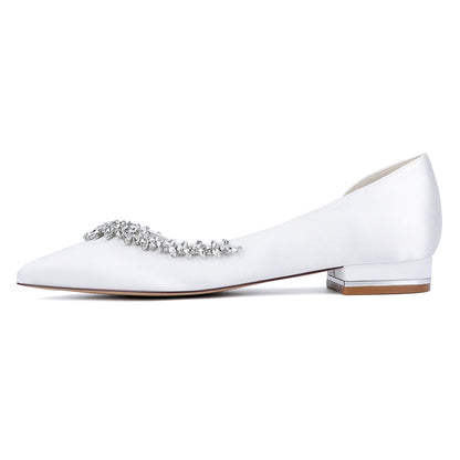 Chaussures de Mariage à Talon Plat et Bout Fermé en Satin de Soie Pour Femmes avec Strass