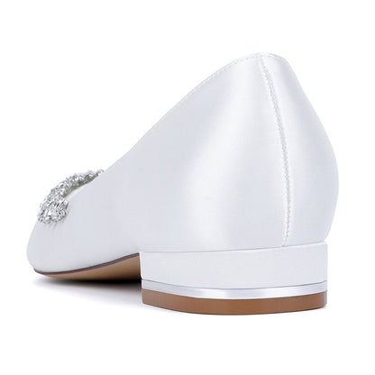 Chaussures de Mariage à Talon Plat et Bout Fermé en Satin de Soie Pour Femmes avec Strass