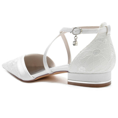 Chaussures de Soirée à Talon Plat et Bout Fermé En Satin de Soie pour Femmes avec Bride à la Cheville et Dentelle