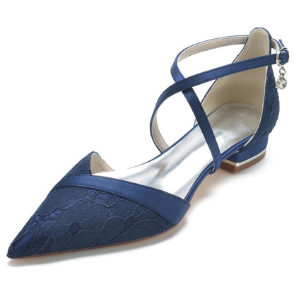 Chaussures de Soirée à Talon Plat et Bout Fermé En Satin de Soie pour Femmes avec Bride à la Cheville et Dentelle