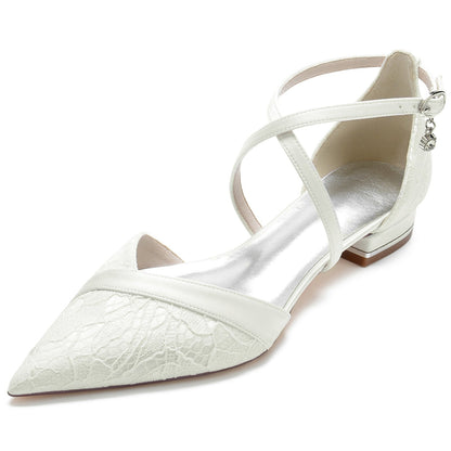 Chaussures de Soirée à Talon Plat et Bout Fermé En Satin de Soie pour Femmes avec Bride à la Cheville et Dentelle