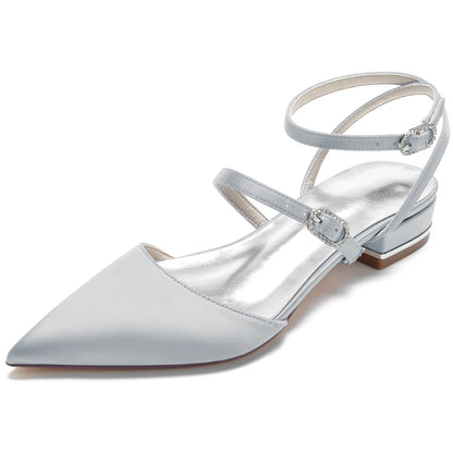 Chaussures de Mariage à Talon Plat et Bout Fermé En Satin de Soie pour Femmes avec Bride à la Cheville