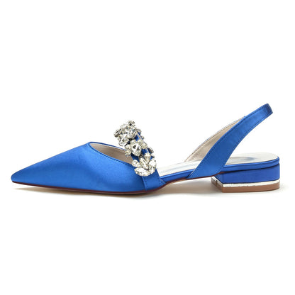 Chaussures de Soirée à Talon Plat et Bout Fermé En Satin de Soie pour Femmes avec Strass