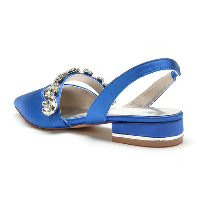 Chaussures de Soirée à Talon Plat et Bout Fermé En Satin de Soie pour Femmes avec Strass