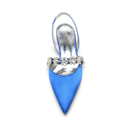 Chaussures de Soirée à Talon Plat et Bout Fermé En Satin de Soie pour Femmes avec Strass