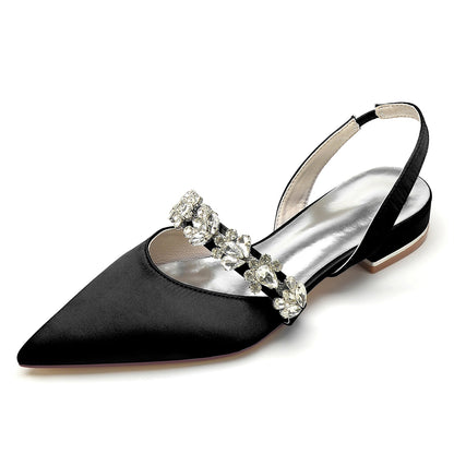 Chaussures de Soirée à Talon Plat et Bout Fermé En Satin de Soie pour Femmes avec Strass