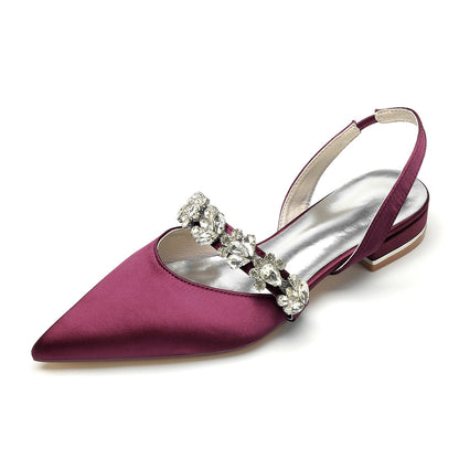 Chaussures de Soirée à Talon Plat et Bout Fermé En Satin de Soie pour Femmes avec Strass