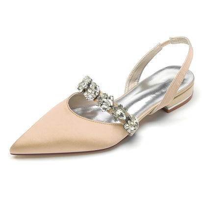 Chaussures de Soirée à Talon Plat et Bout Fermé En Satin de Soie pour Femmes avec Strass