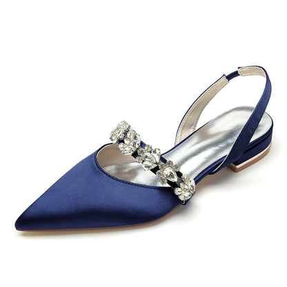 Chaussures de Soirée à Talon Plat et Bout Fermé En Satin de Soie pour Femmes avec Strass
