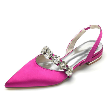 Chaussures de Soirée à Talon Plat et Bout Fermé En Satin de Soie pour Femmes avec Strass