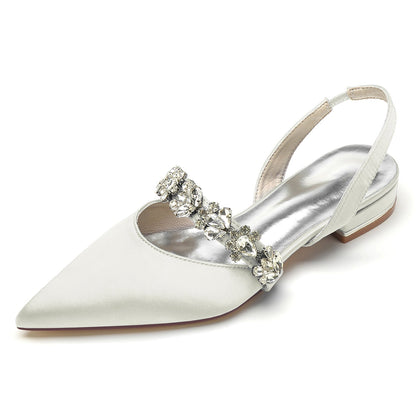 Chaussures de Soirée à Talon Plat et Bout Fermé En Satin de Soie pour Femmes avec Strass
