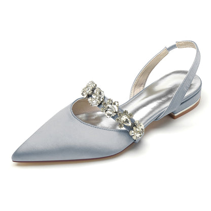 Chaussures de Soirée à Talon Plat et Bout Fermé En Satin de Soie pour Femmes avec Strass