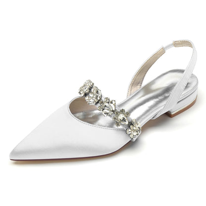 Chaussures de Soirée à Talon Plat et Bout Fermé En Satin de Soie pour Femmes avec Strass
